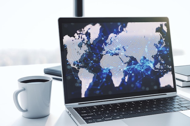 Abstract creative world map on modern laptop screen international trading concept 3D Rendering