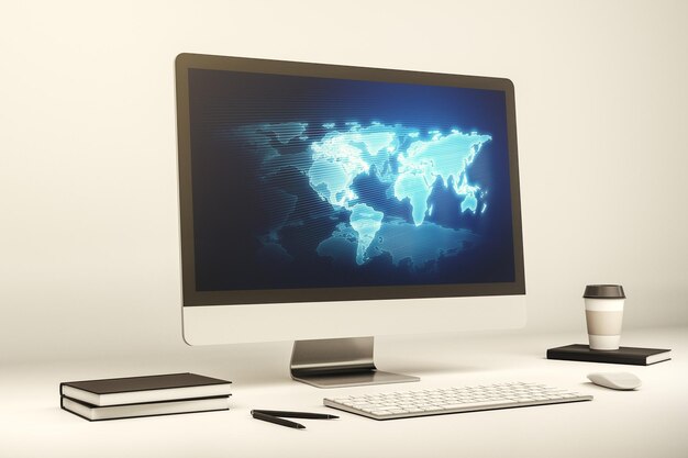 Abstract creative world map on modern laptop screen international trading concept 3D Rendering