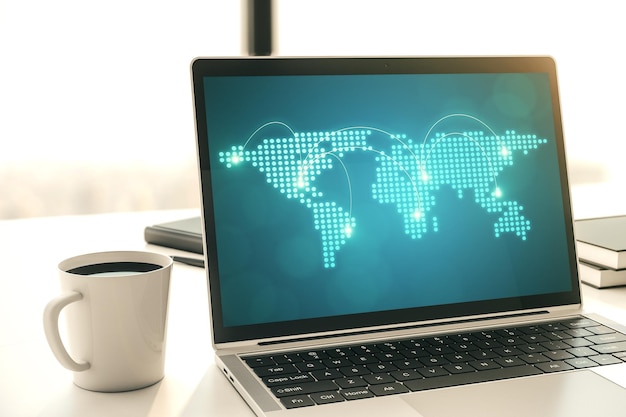 Abstract creative world map with connections on modern laptop screen international trading concept 3D Rendering