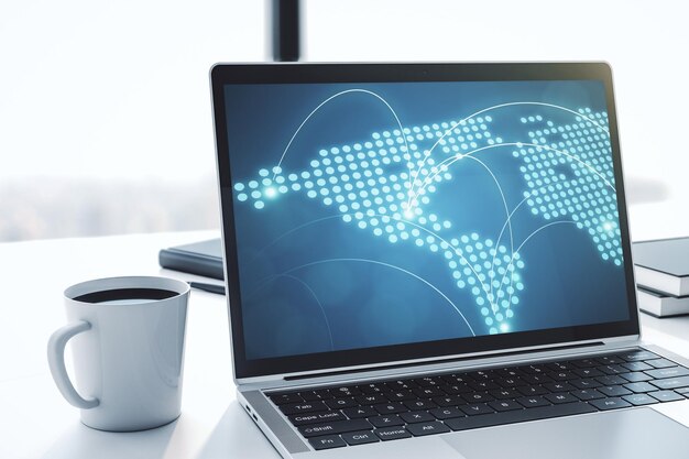 Abstract creative world map with connections on modern laptop screen international trading concept 3D Rendering