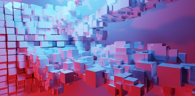 Abstract cubes flow in neon light background