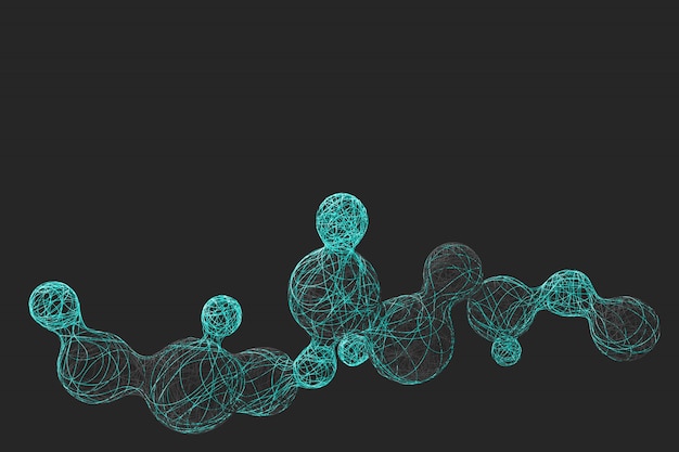 Abstract dark background with the image of dividing balls woven from a variety of bright colored threads. 3D illustration