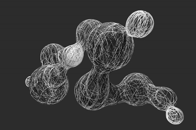 abstract dark background with the image of dividing balls woven from a variety of bright colored threads. 3d illustration