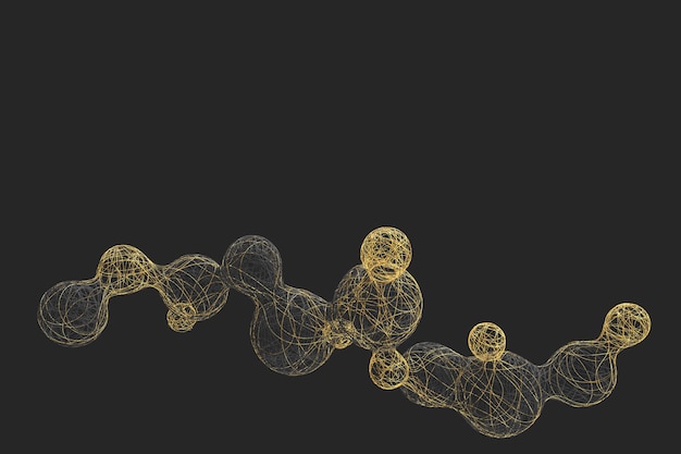 Abstract dark table with the image of dividing balls woven from a variety of bright colored threads. 3D illustration