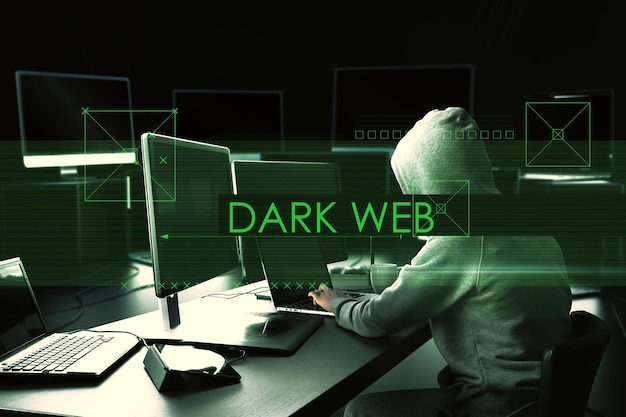 Abstract dark web text over side view of hacker at desktop using computers on blurry background Hacking malware and attack concept Double exposure