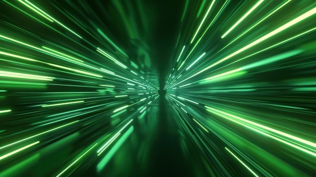 Abstract depiction of light streaks creating a sense of speed in a futuristic tunnel The vibrant green hues evoke a feeling of movement and technology