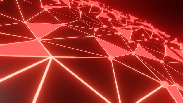 Abstract digital black background.with red polygons and dots.3D blend mesh wave.Digital data visualization with connected dots and lines.Networking vector color wire frame mesh backdrop copy space