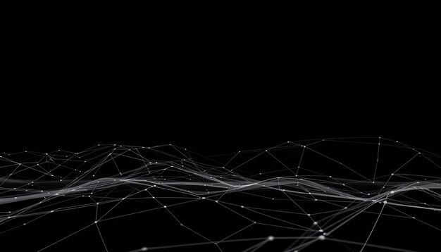 Abstract digital network background with white lines and dots on black background