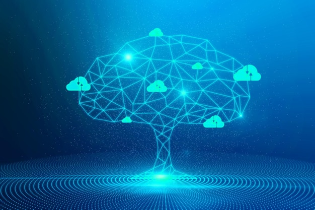 abstract digital polygonal cloud tree on blue background computer data and security concept 3d rendering