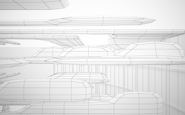 Abstract drawing white parametric interior Polygon black drawing 3D illustration and rendering