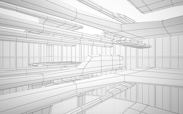 Abstract drawing white parametric interior Polygon black drawing 3D illustration and rendering
