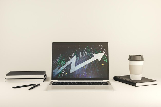 abstract financial diagram with upward arrow on modern laptop screen rise and breakthrough concept 3d rendering