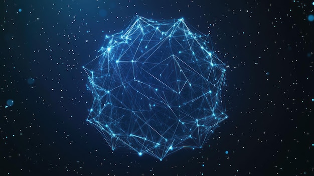 Abstract glowing blue sphere with connecting lines in dark space