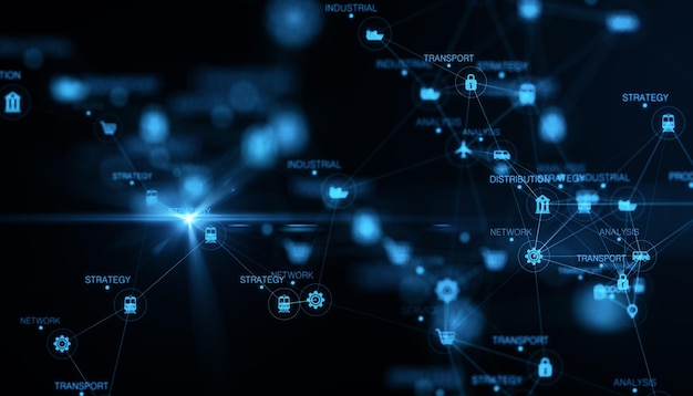 abstract glowing blurry global delivery scheme hologram on background logistics and network concept 3d rendering