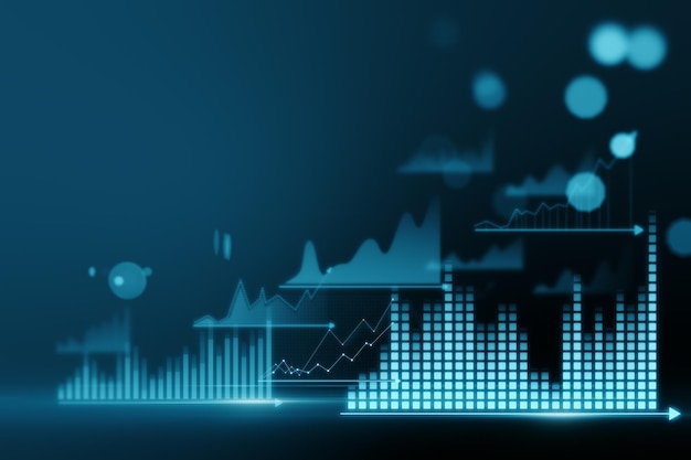 Abstract glowing business chart hologram on blurry blue bokeh background with mock up place for your text Finance report and ai concept 3D Rendering