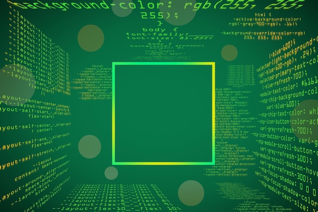 Abstract glowing green coding programming background with blank square mock up frame Big data and code concept 3D Rendering