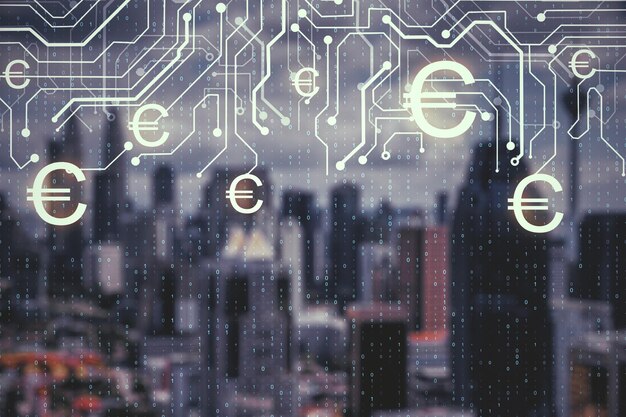 Abstract glowing money circuit on glowing night city background Euro and cryptocurrency ecommerce concept Double exposure