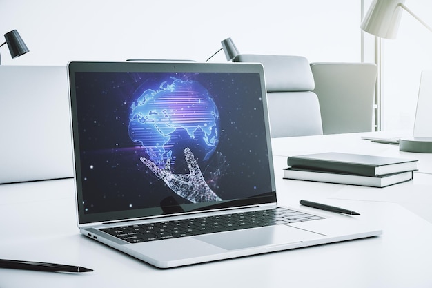 Abstract graphic world map on modern laptop screen connection and communication concept 3D Rendering