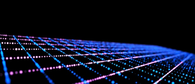 Abstract grid with blue light on black background Science background with moving dots and lines Network connection technology Digital structure with particles 3d rendering