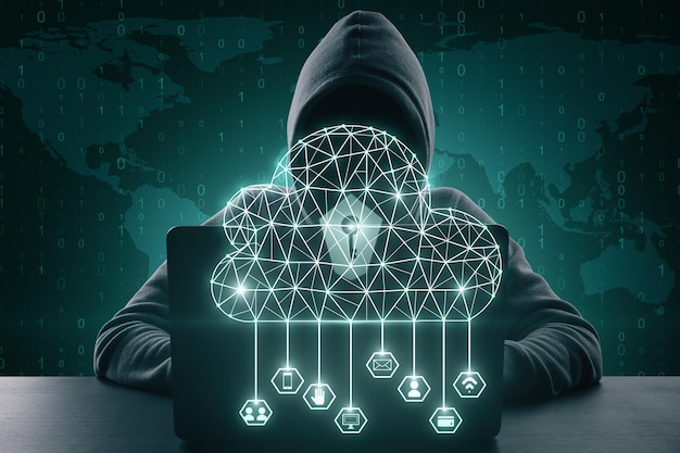 Abstract hacker using laptop woth polygonal cloud on binary code map background Malware and computing concept Double exposure
