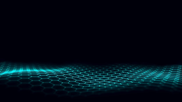 abstract hexagon wave with blue light on black background science background with moving dots ang lines network connection technology digital structure with particles 3d rendering