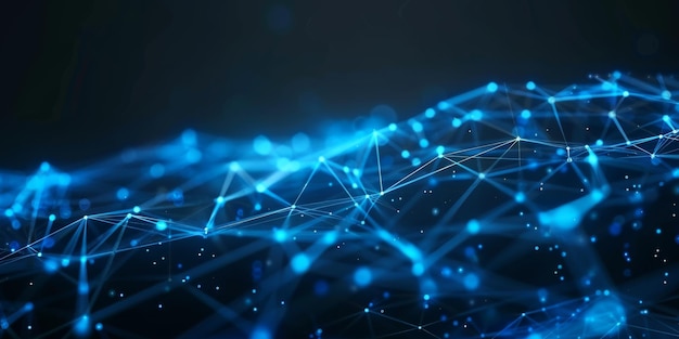 Abstract high tech blue glowing lines with dots and plexus triangles abstract background