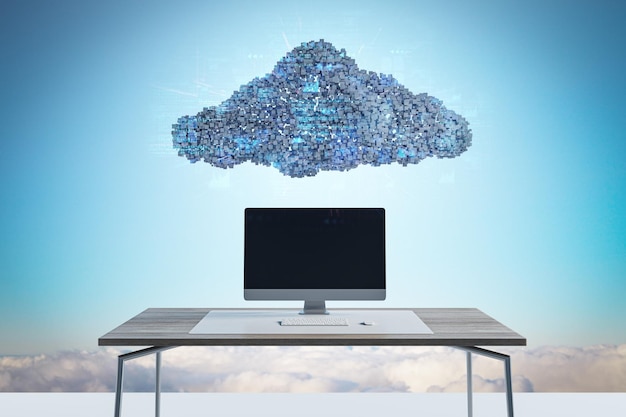 Abstract image of empty computer placed on desk under digital cloud with coding on sky background Digital storage database network and technology concept Mock up 3D Rendering