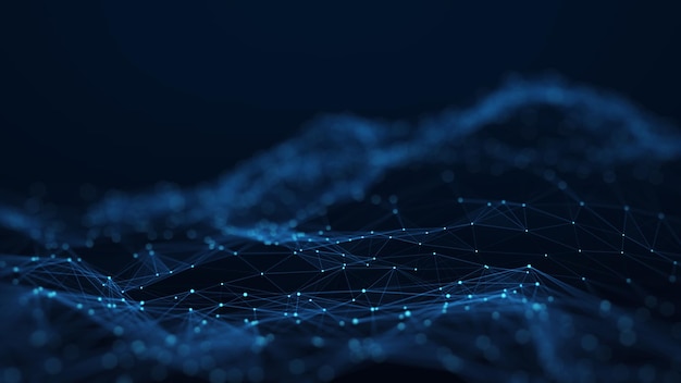 abstract internet network technology concept of interconnected polygons with dark blue background