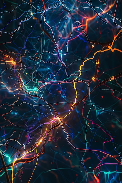 Abstract lines of electricity intersecting on a dark background forming glowing patterns with vibrant energy