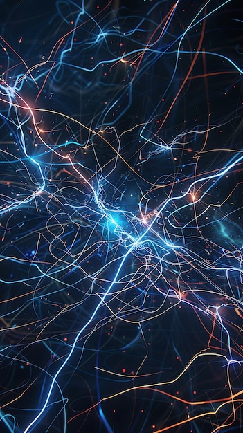 Abstract lines of electricity intersecting on a dark canvas creating dynamic glowing patterns filled with energy