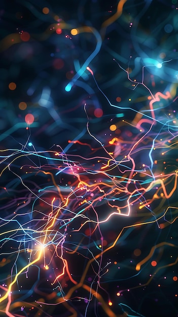 Abstract lines of electricity intersecting on a dark canvas creating dynamic glowing patterns filled with energy