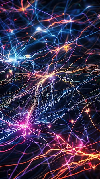 Abstract lines of electricity intersecting on a dark canvas creating dynamic glowing patterns filled with energy
