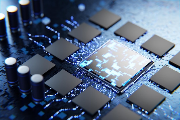 Abstract microchip Conventional technologies New microprocessor Memory chips and central processor on an electronic board Abstract microelectronics technology concept 3d render