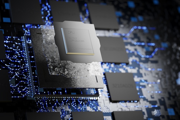 Abstract microchip Memory chips and central processor on an electronic board Conventional technologies New microprocessor Abstract microelectronics technology concept 3d render