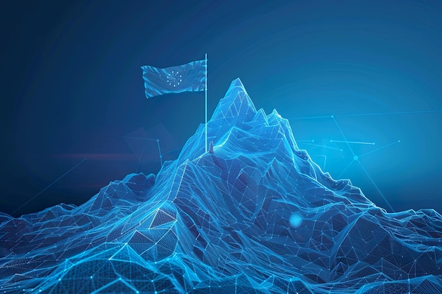Abstract mountain with a path to the top Way to goal in digital futuristic style on a blue technolog