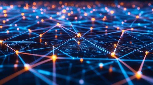 Abstract network with glowing lines and nodes connecting and forming a mesh representing global communication data flow and digital connection