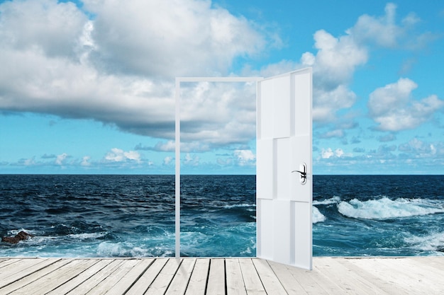 Abstract open door on creative sea background Travel opportunity and dream concept