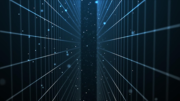 Abstract perspective grid Digital retro background Wireframe cyber landscape on blue background 3d rendering