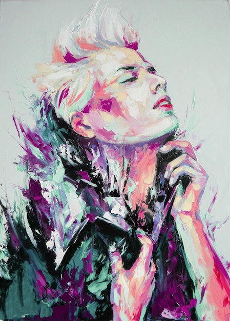 abstract picture of a beautiful girl conceptual closeup of an oil painting and palette knife on canvas oil portrait painting in multicolored tones