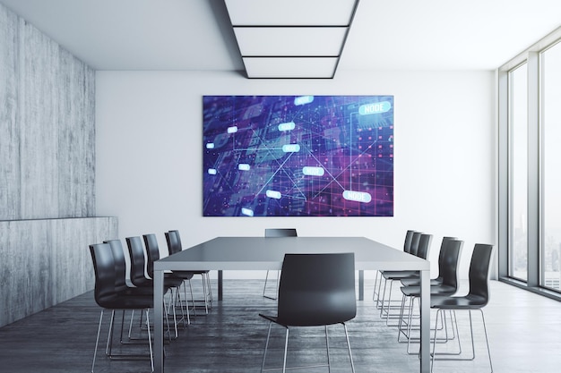 Abstract programming language hologram on presentation monitor in a modern boardroom artificial intelligence and machine learning concept 3D Rendering