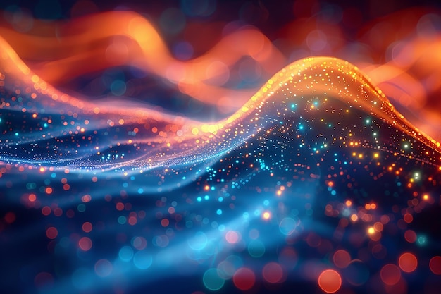 abstract representation of data flow in a network featuring blue background with green orange and blue dots