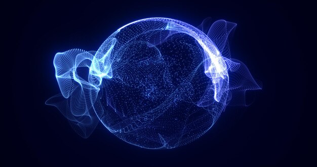 Abstract round blue sphere light bright glowing from rays of energy and magic waves from particles