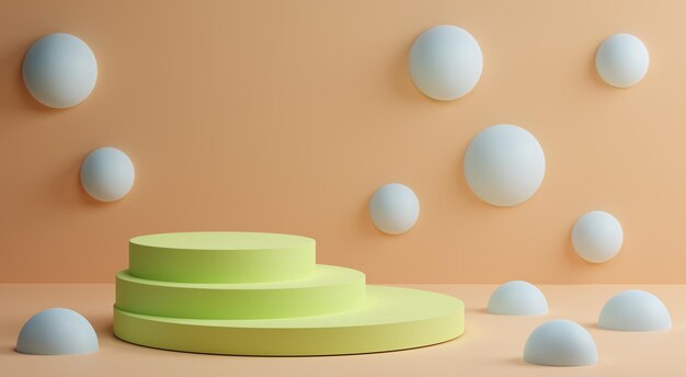 abstract scene with  three-tiered pedestal on a sandy background, surrounded by blue spheres. 3d render.  modern template for promotion, presentation,branding