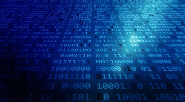 Abstract tech binary code background in color blue matrix backdrop with number 1 and 0 Digital binary data and secure data concept in perspective