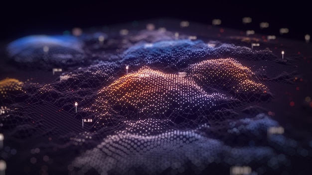 Abstract technology big data background concept. Artificial intelligence tech. Big data and cybersecurity. Transfer and storage of data sets, blockchain, server. Abstract background. 3D illustration.