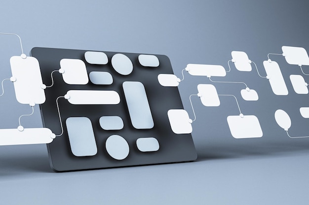 Abstract technology structure with nodes and white elements on a dark background 3D Rendering