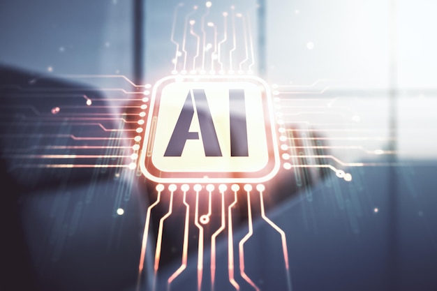 Abstract virtual artificial Intelligence symbol hologram on a modern conference room background Multiexposure
