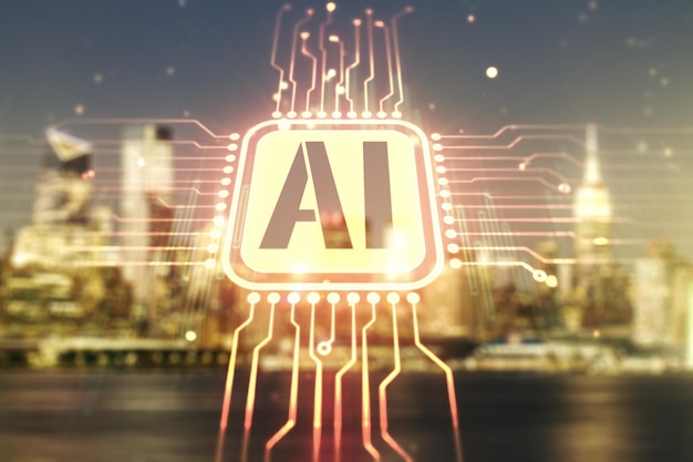 Abstract virtual artificial Intelligence symbol hologram on blurry skyline background Multiexposure