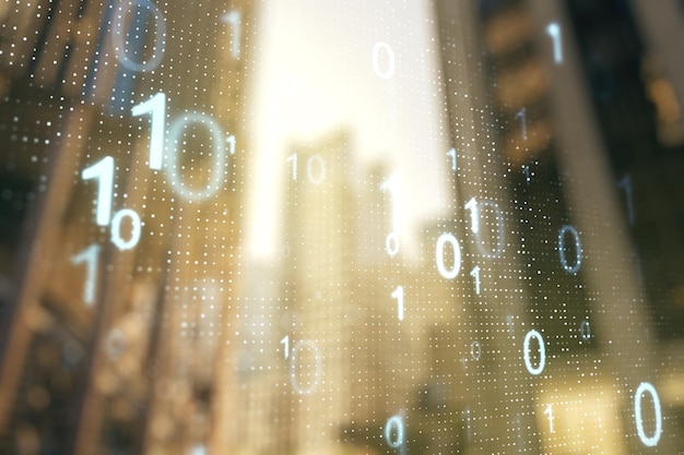 Abstract virtual binary code hologram on modern architecture background AI and machine learning concept Multiexposure