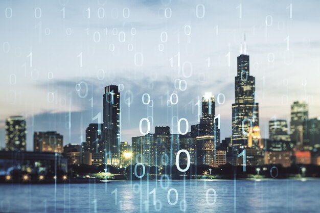 Abstract virtual binary code illustration on Chicago skyline background Big data and coding concept Multiexposure